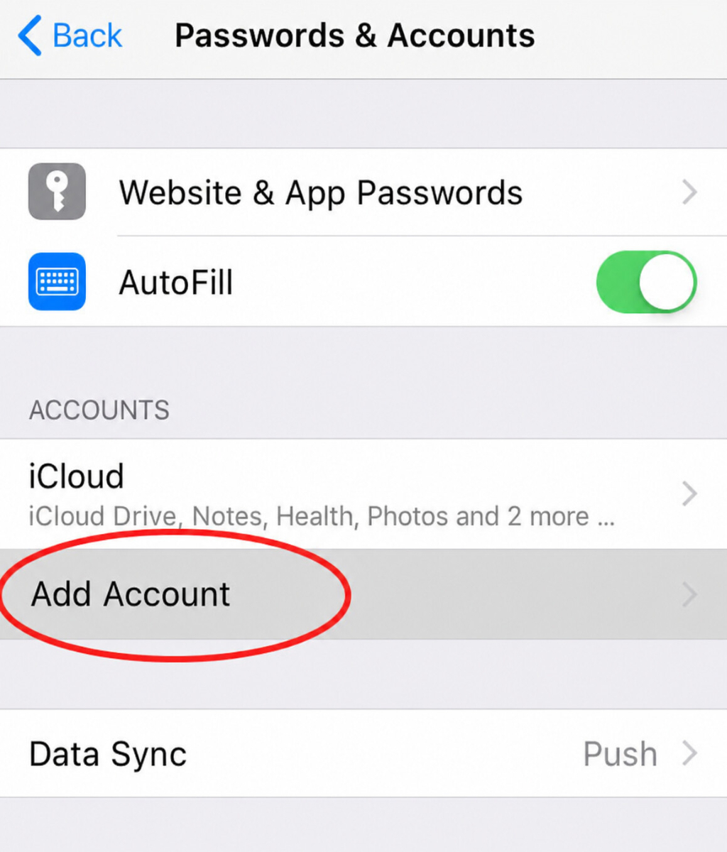 iPhone Account-Übersicht mit markiertem Punkt Account hinzufügen