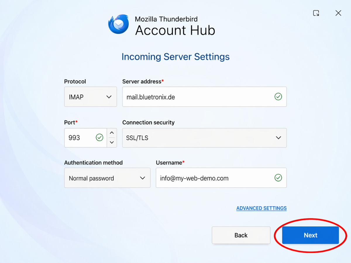 Thunderbird-Kontoeinrichtung mit manuell eingetragenen IMAP-Daten für den Posteingang